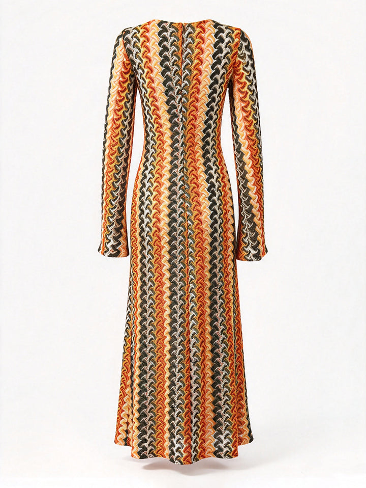 Ethnic Style Wavy Colorblock Striped Long Sleeve Knit Dress