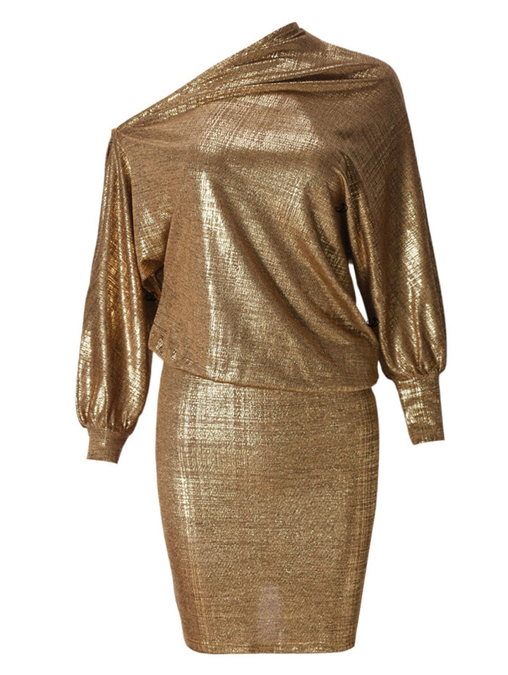Metallic Dress Long Lantern Sleeve Skew Neck Bodycon Party Dress