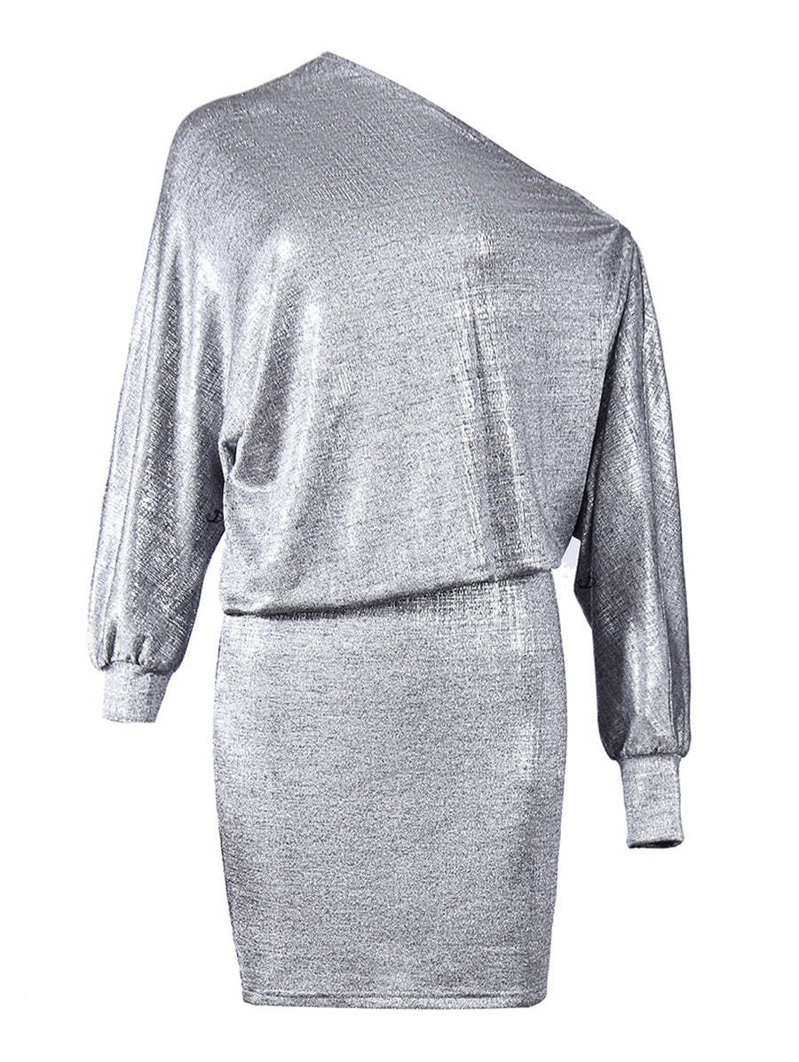 Metallic Dress Long Lantern Sleeve Skew Neck Bodycon Party Dress