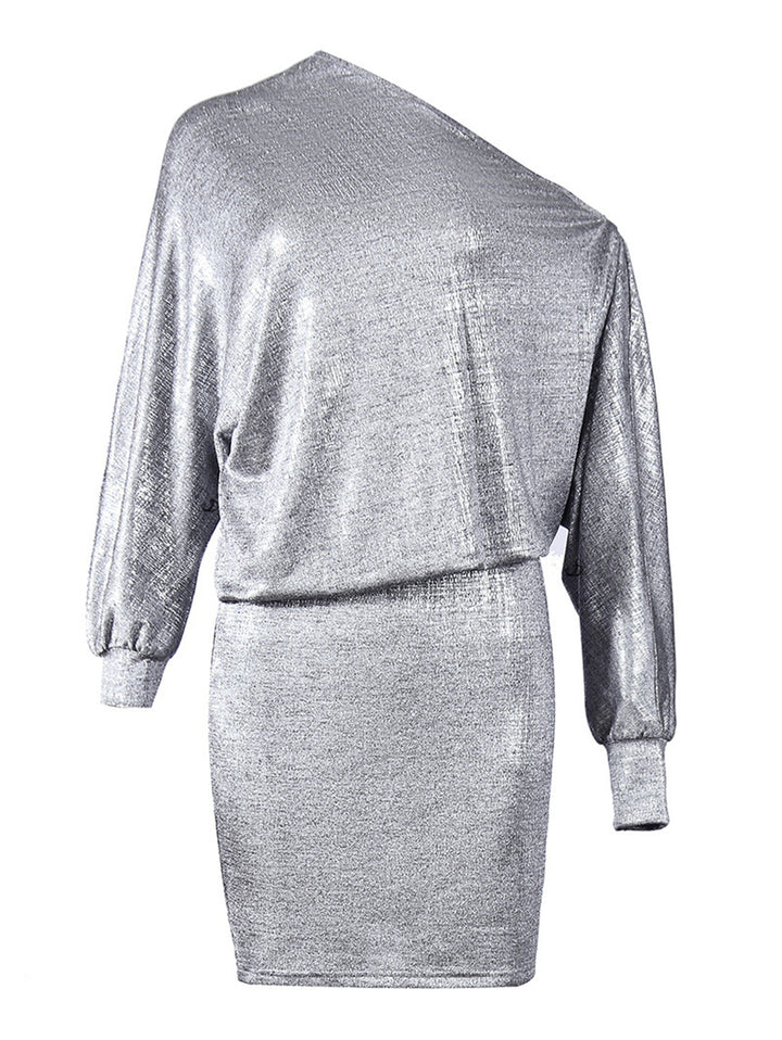 Metallic Dress Long Lantern Sleeve Skew Neck Bodycon Party Dress