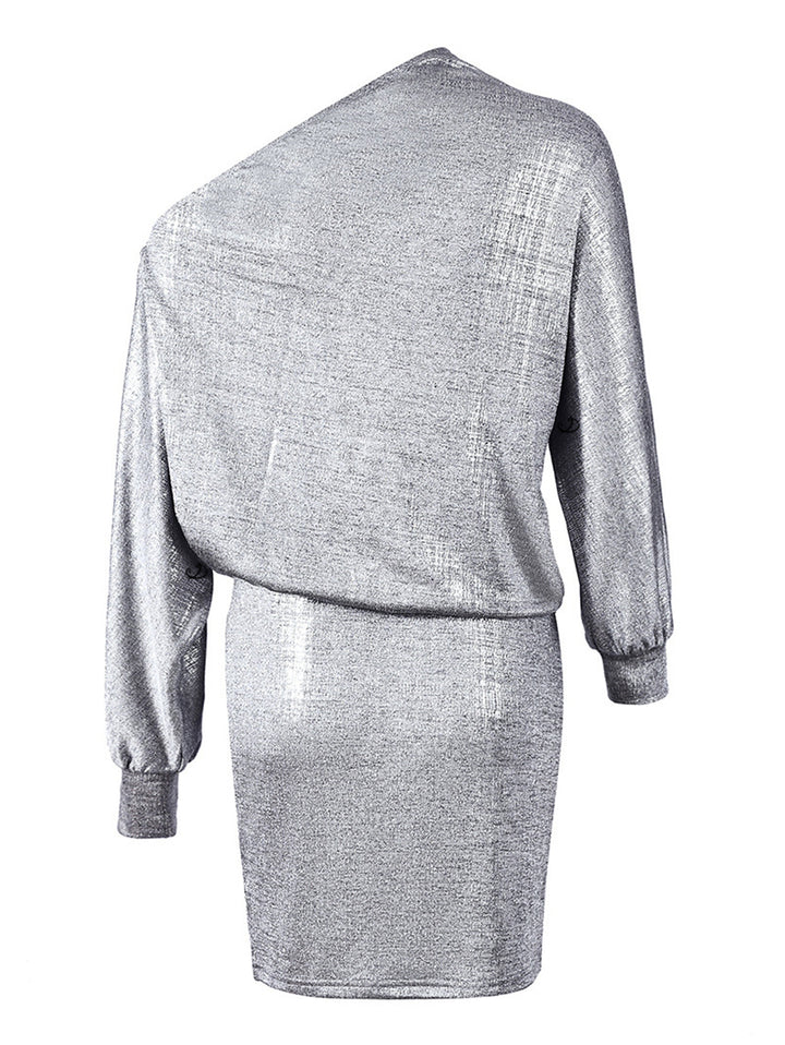 Metallic Dress Long Lantern Sleeve Skew Neck Bodycon Party Dress
