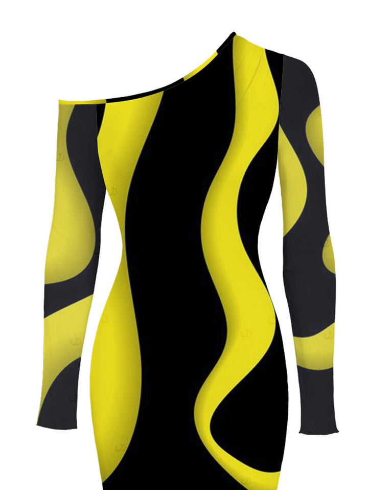 Contrast Color Wave Curve Print Mesh Panel Skew Neck Bodycon Elegant Party Dress