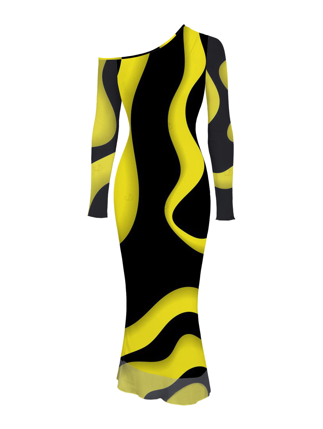 Contrast Color Wave Curve Print Mesh Panel Skew Neck Bodycon Elegant Party Dress
