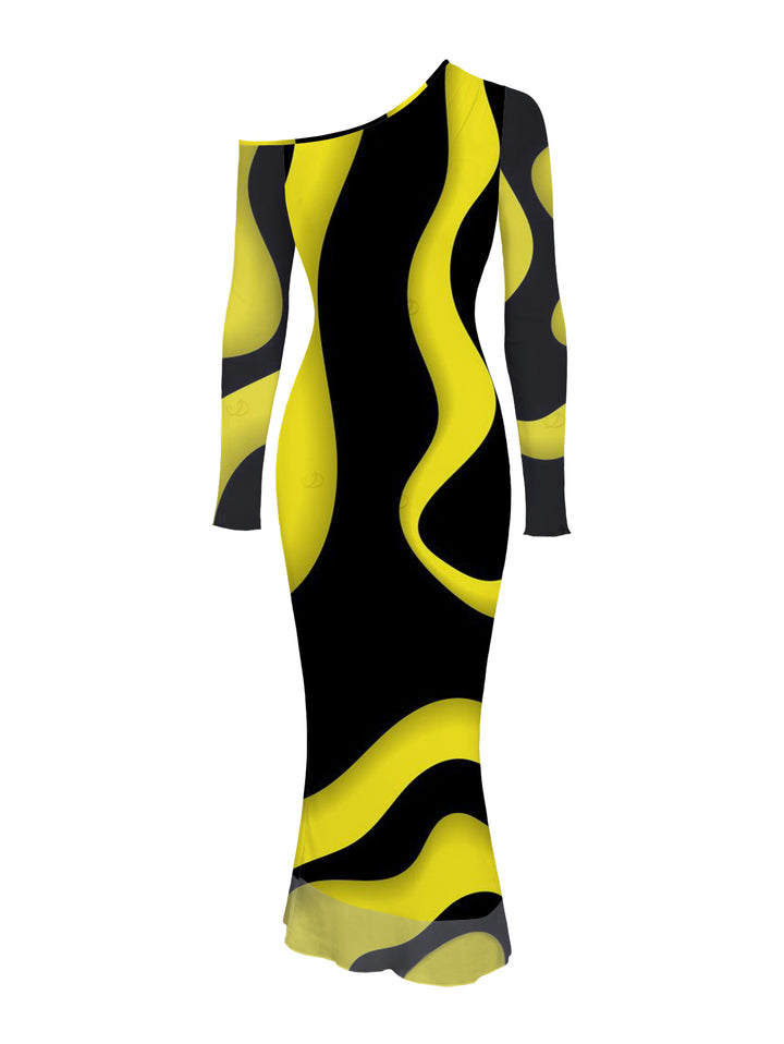 Contrast Color Wave Curve Print Mesh Panel Skew Neck Bodycon Elegant Party Dress