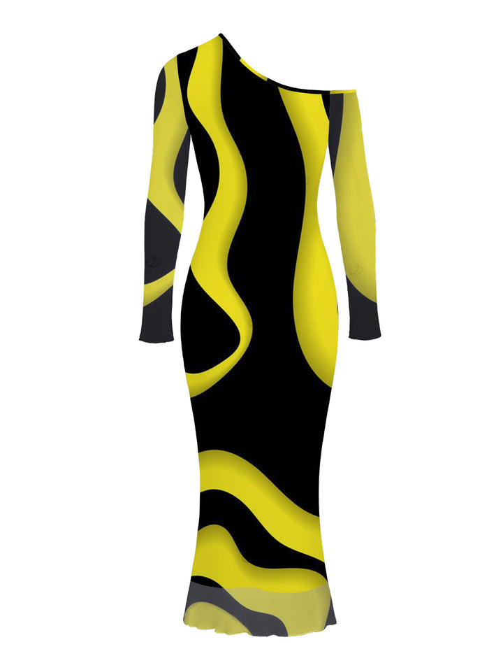 Contrast Color Wave Curve Print Mesh Panel Skew Neck Bodycon Elegant Party Dress