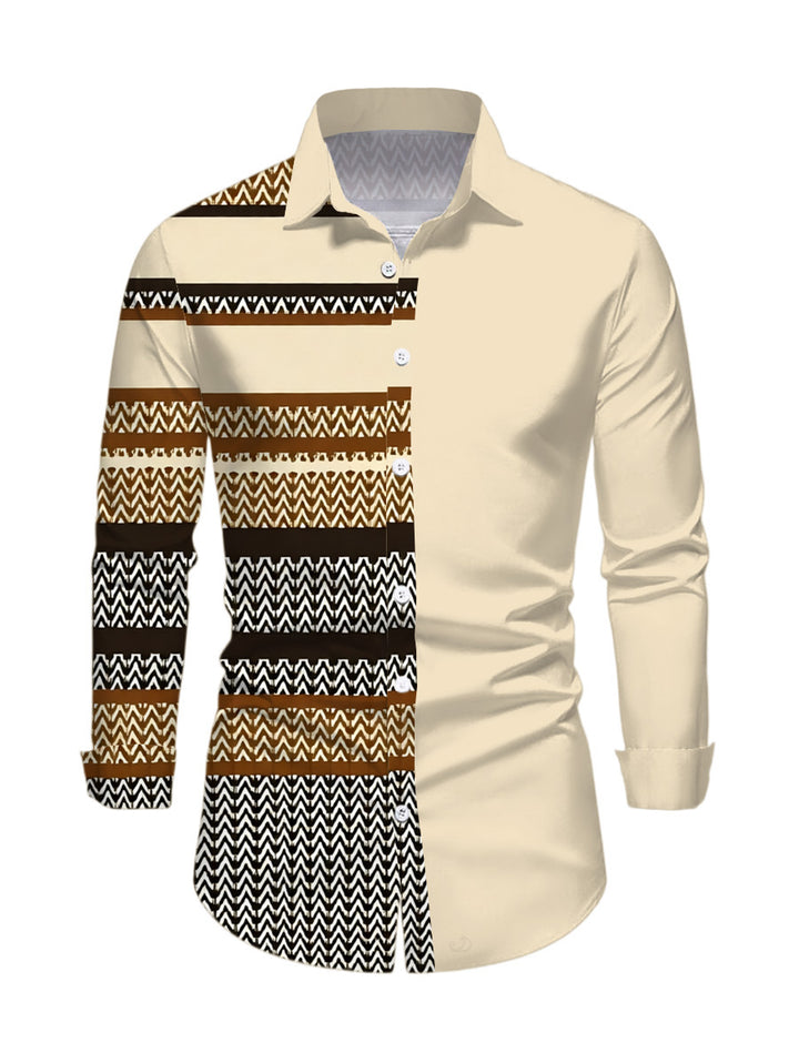 Men's Colorblock Zig Zag Striped Print Button Up Long Sleeve Ethnic Shirt