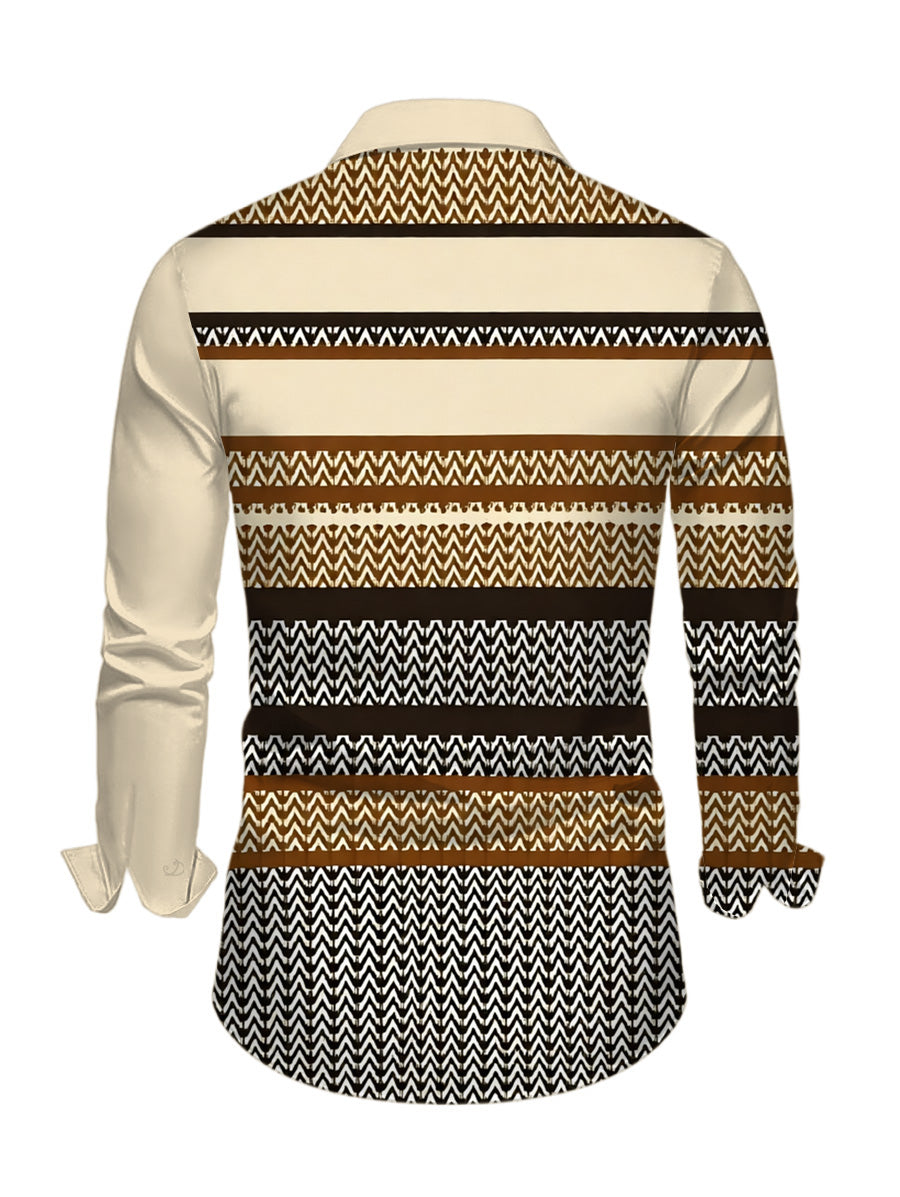 Men's Colorblock Zig Zag Striped Print Button Up Long Sleeve Ethnic Shirt
