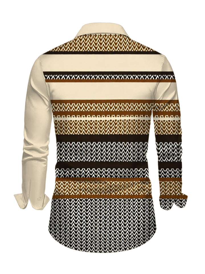 Men's Colorblock Zig Zag Striped Print Button Up Long Sleeve Ethnic Shirt