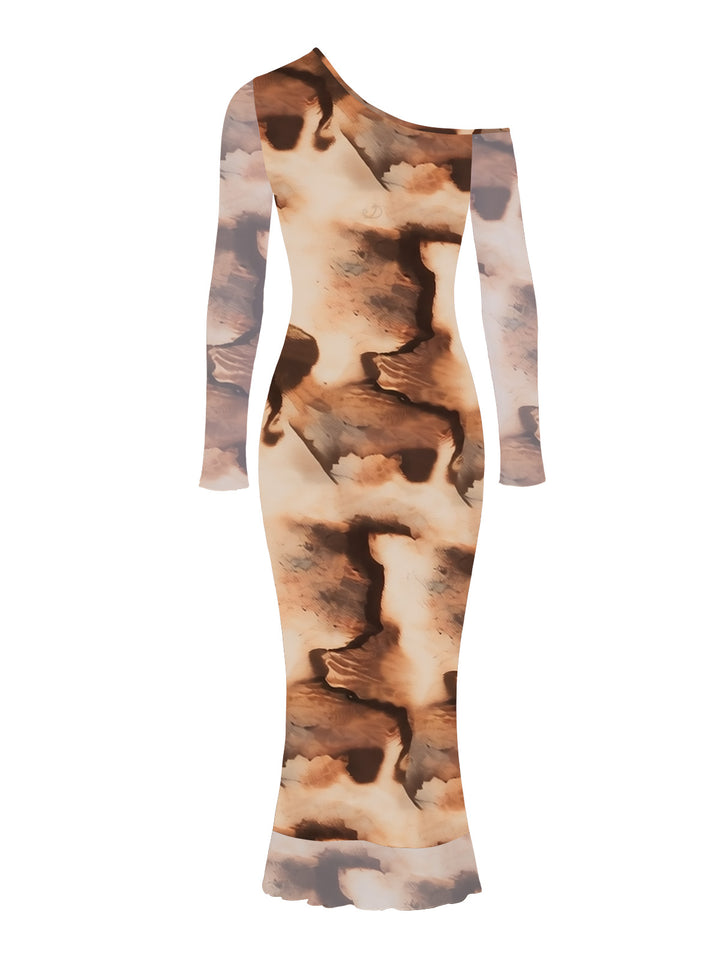 Tie Dye Print Skew Neck Mesh Panel Long Sleeve Bodycon Dress