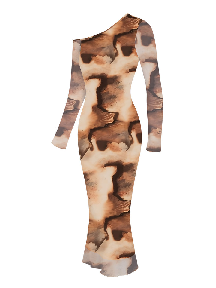 Tie Dye Print Skew Neck Mesh Panel Long Sleeve Bodycon Dress