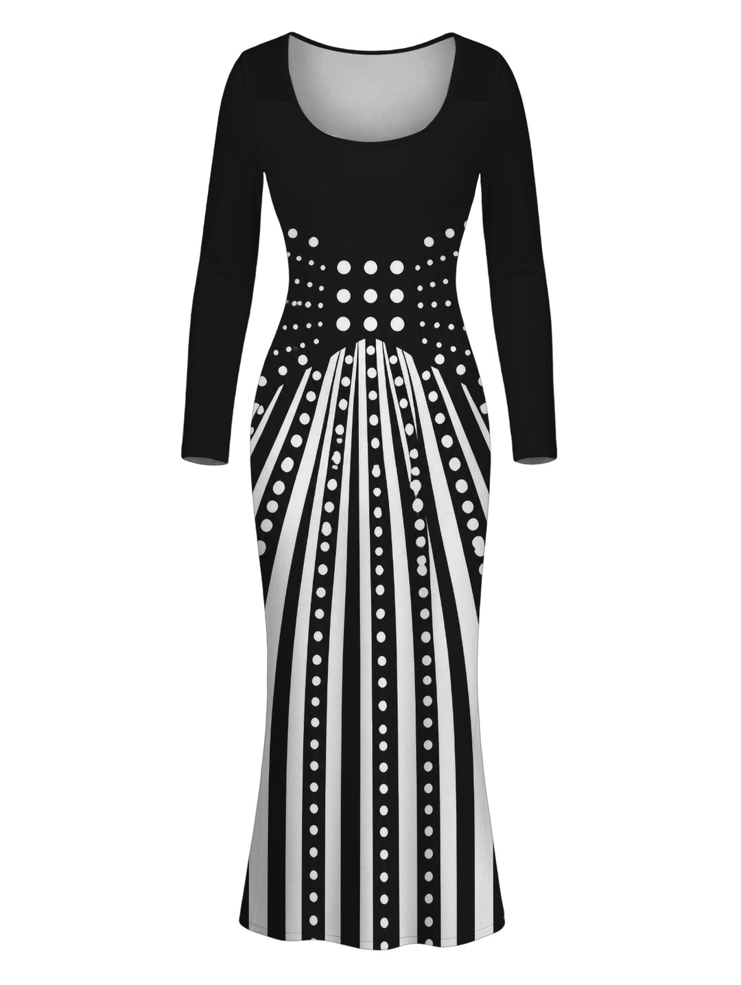 Monochrome Radial Striped Polka Dots U Neck Long Sleeve Mermaid Bodycon Dress