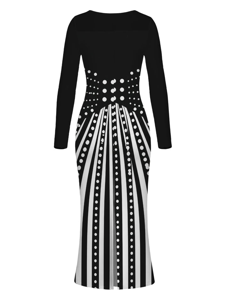Monochrome Radial Striped Polka Dots U Neck Long Sleeve Mermaid Bodycon Dress