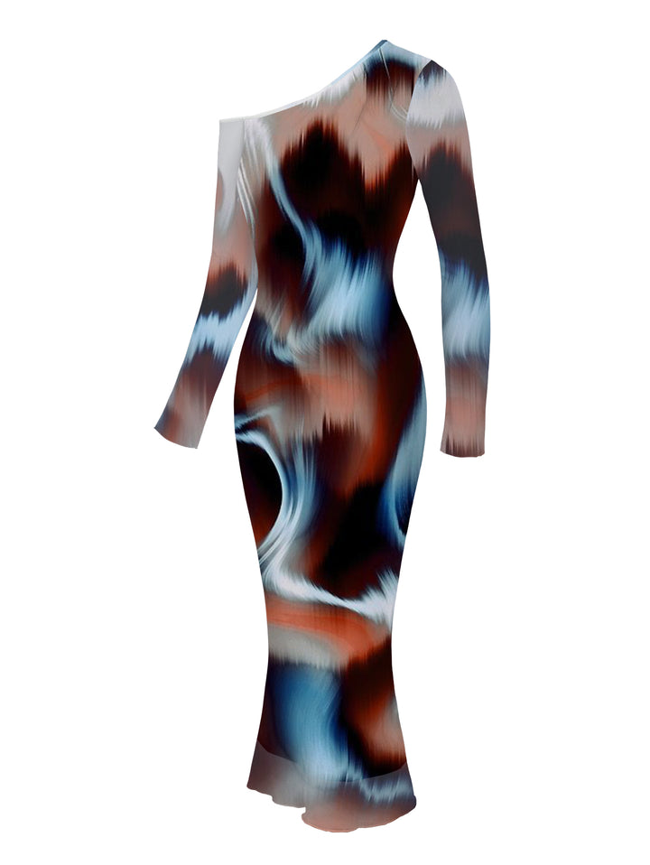 Tie Dye Ink Painting Print Mesh Panel Skew Neck Long Sleeve Bodycon Vintage Dress