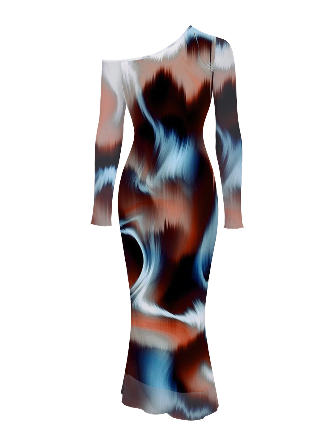 Tie Dye Ink Painting Print Mesh Panel Skew Neck Long Sleeve Bodycon Vintage Dress