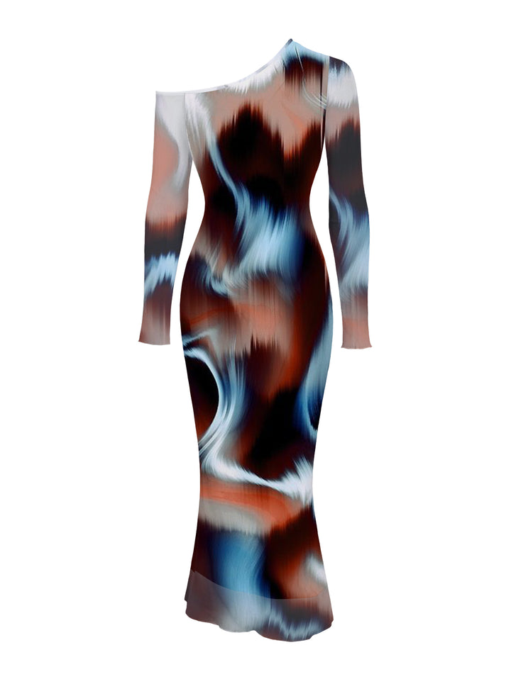 Tie Dye Ink Painting Print Mesh Panel Skew Neck Long Sleeve Bodycon Vintage Dress