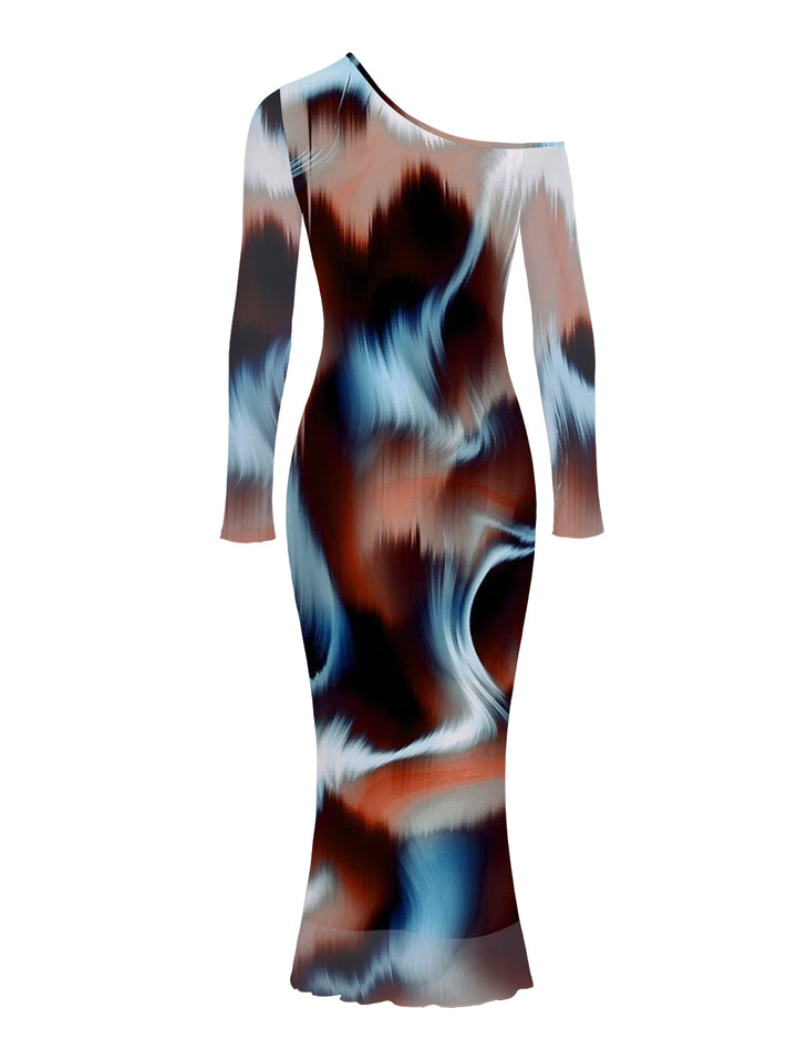 Tie Dye Ink Painting Print Mesh Panel Skew Neck Long Sleeve Bodycon Vintage Dress