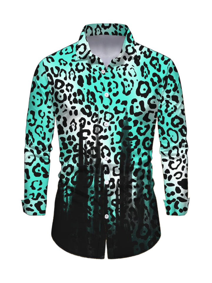 Men's Ombre Leopard Print Button Up Long Sleeve Vintage Shirt