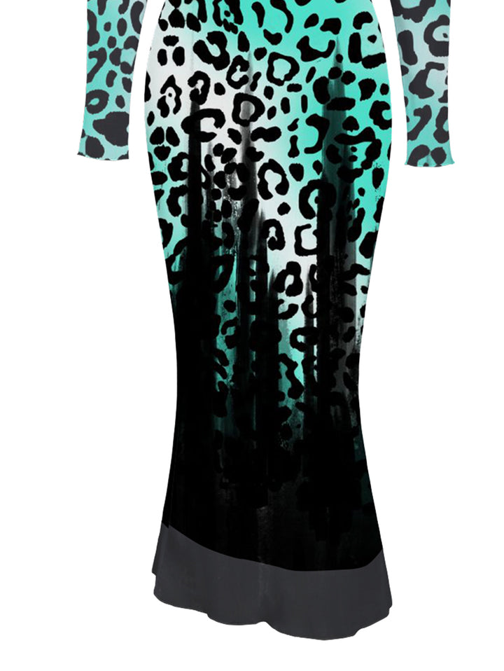 Ombre Leopard Print Mesh Panel Skew Neck Long Sleeve Bodycon Vintage Party Dress