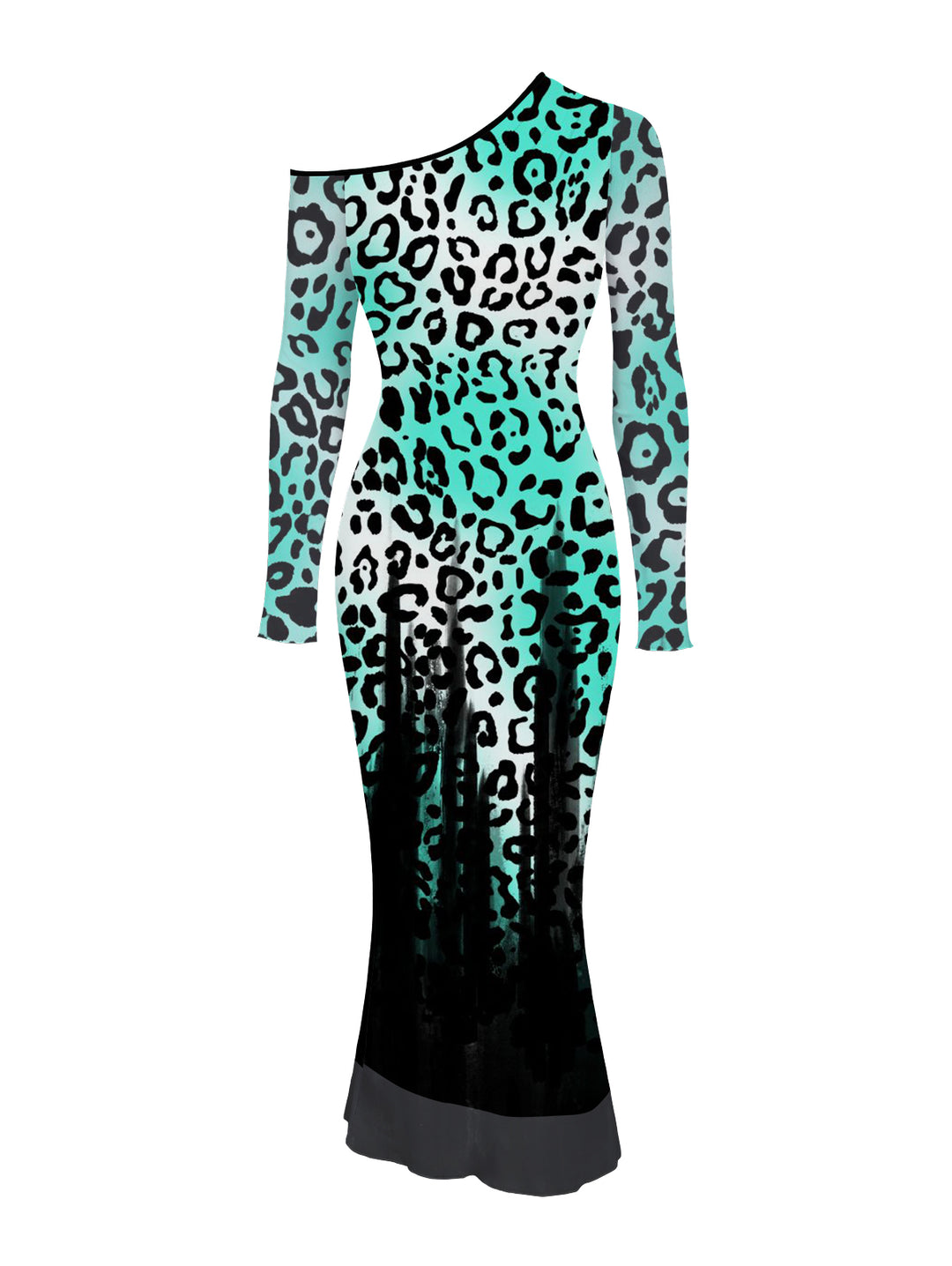 Ombre Leopard Print Mesh Panel Skew Neck Long Sleeve Bodycon Vintage Party Dress