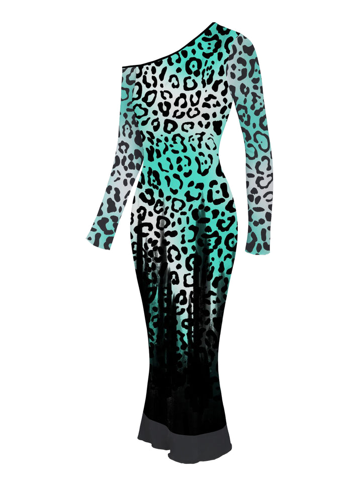 Ombre Leopard Print Mesh Panel Skew Neck Long Sleeve Bodycon Vintage Party Dress