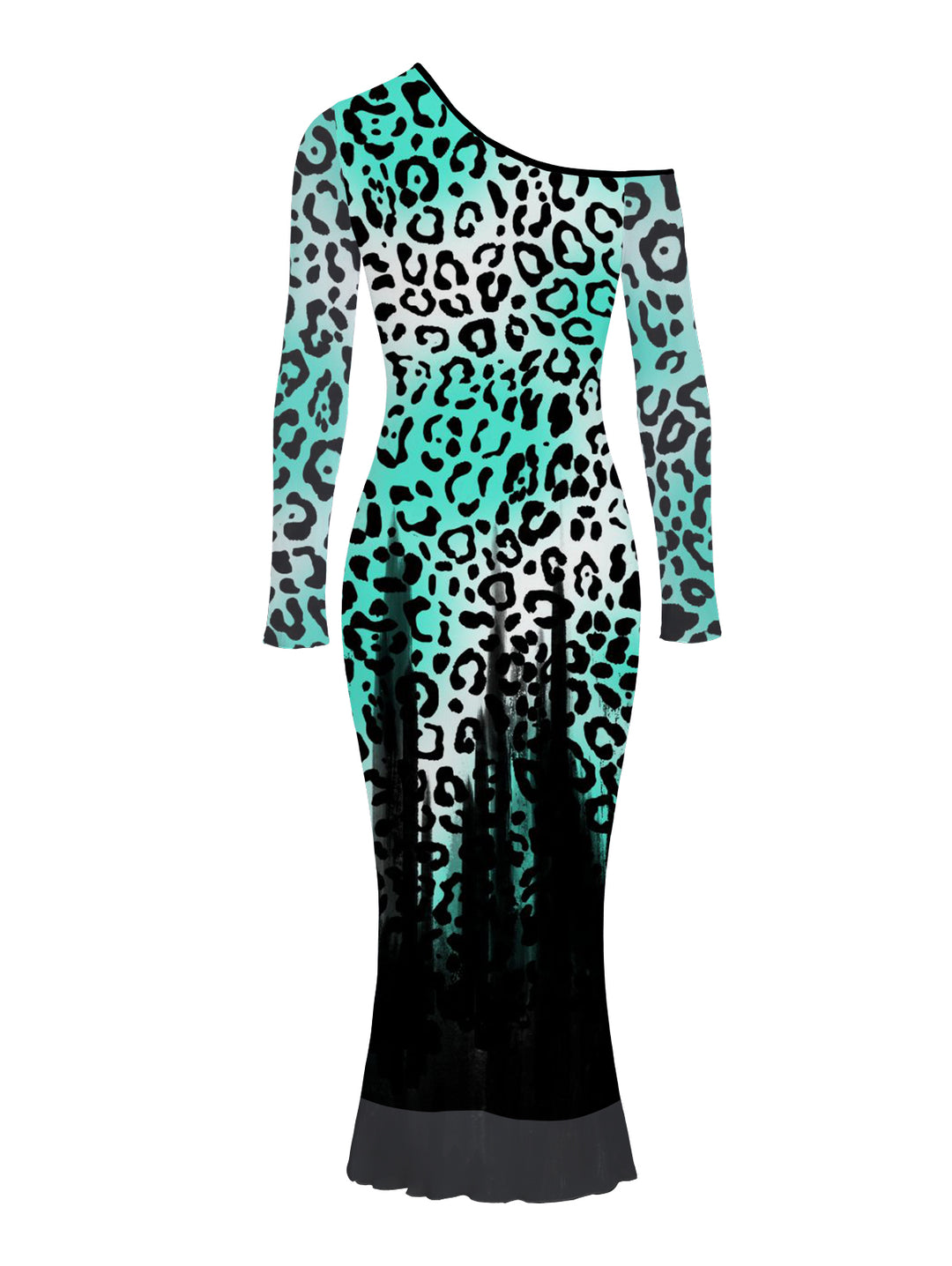 Ombre Leopard Print Mesh Panel Skew Neck Long Sleeve Bodycon Vintage Party Dress
