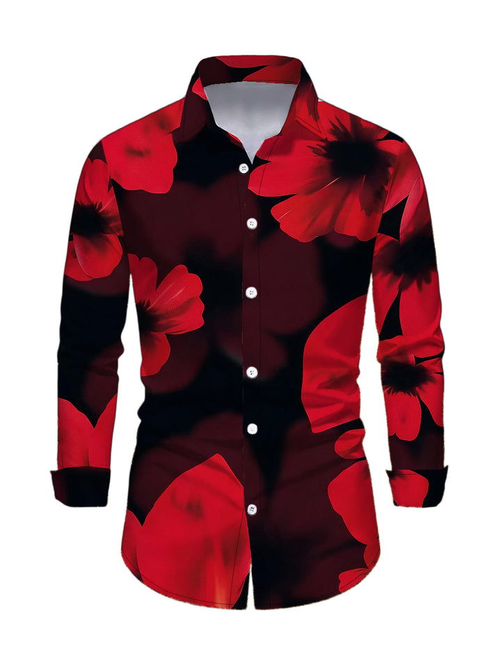 Men's Large Red Floral Print Button Up Long Sleeve Shirt