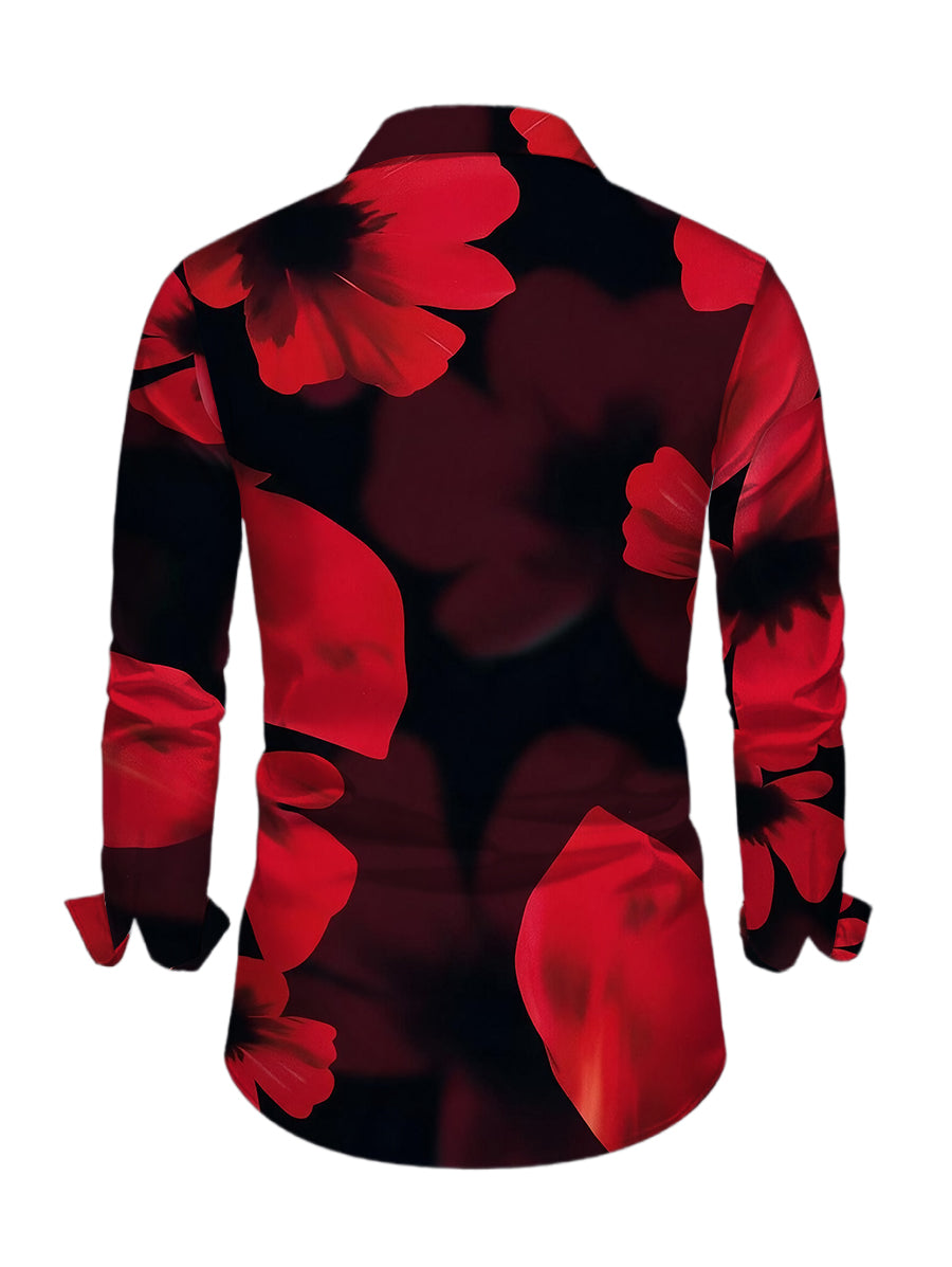 Men's Large Red Floral Print Button Up Long Sleeve Shirt