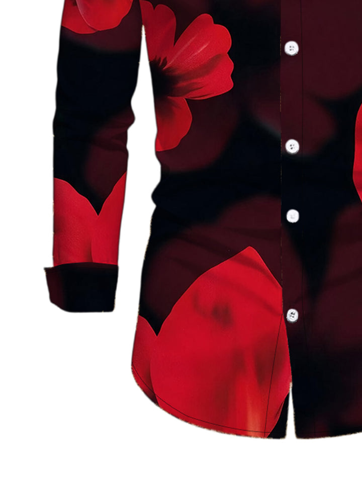 Men's Large Red Floral Print Button Up Long Sleeve Shirt