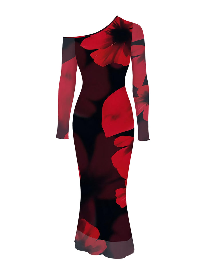 Large Red Floral Print Mesh Panel Skew Neck Long Sleeve Bodycon Elegant Party Dress