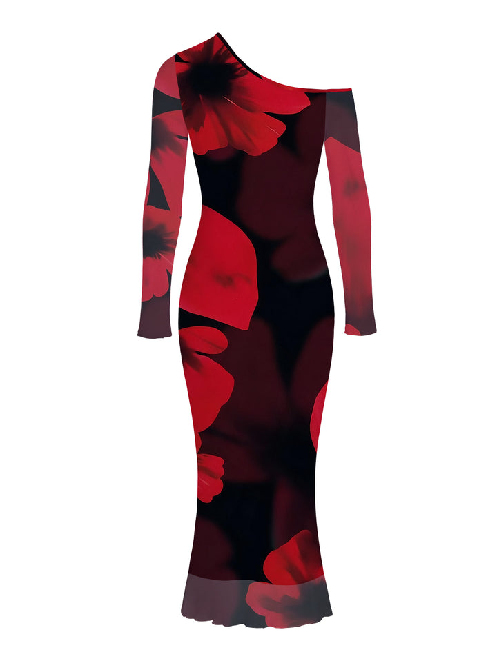 Large Red Floral Print Mesh Panel Skew Neck Long Sleeve Bodycon Elegant Party Dress