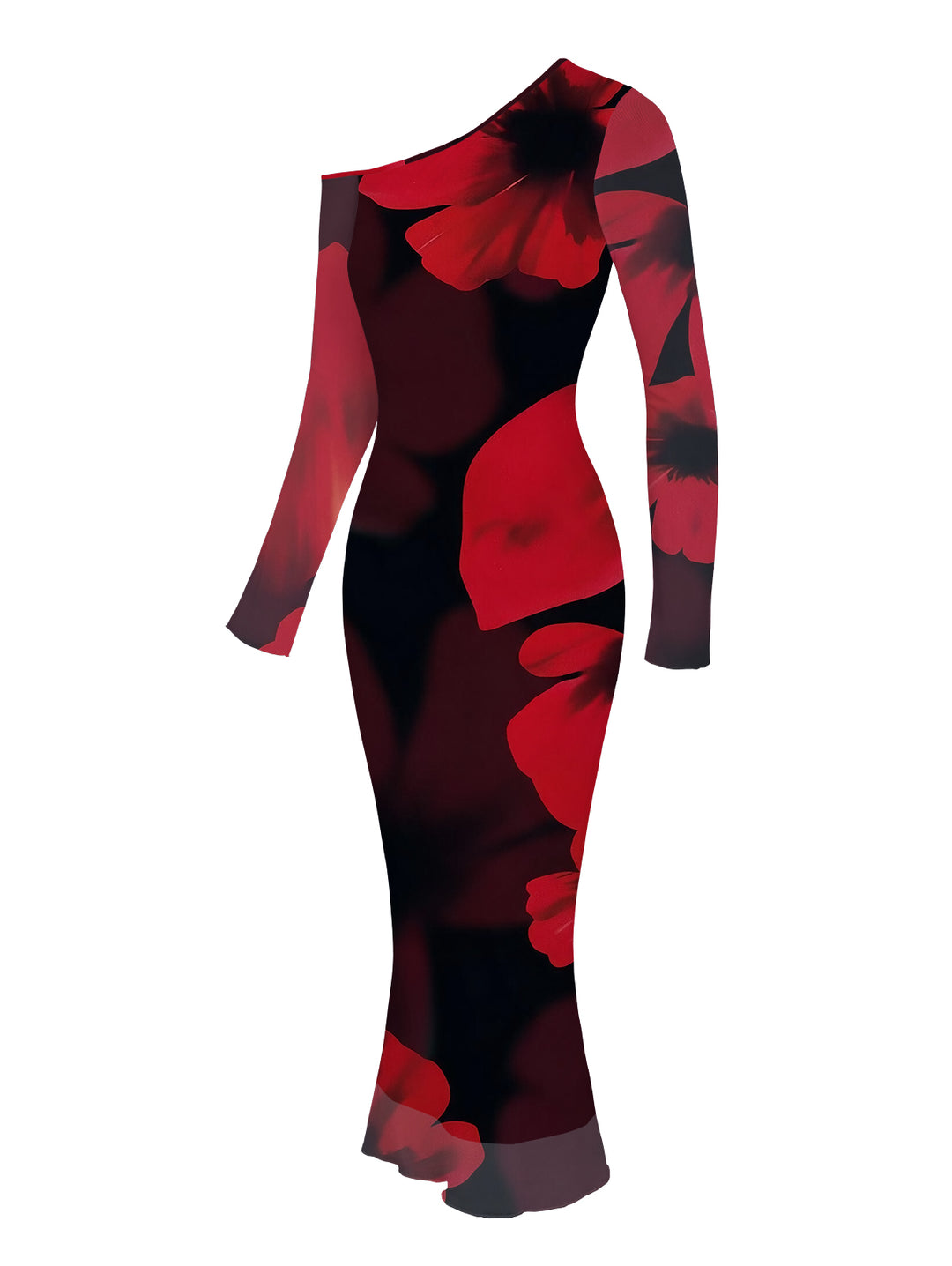Large Red Floral Print Mesh Panel Skew Neck Long Sleeve Bodycon Elegant Party Dress