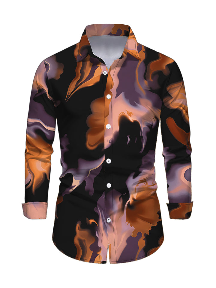 Men's Abstract Fluid Marble Tie Dye Print Button Up Long Sleeve Vacation Shirt
