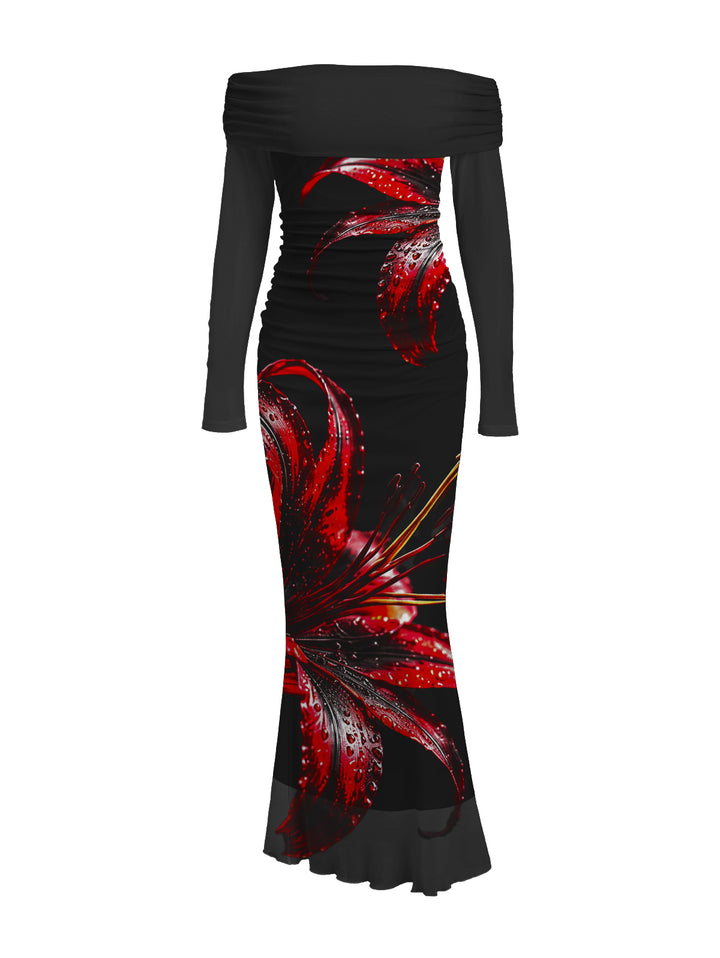 Red Lily Floral Print Foldover Off the Shoulder Ruched Long Sleeve Bodycon Vintage Party Dress
