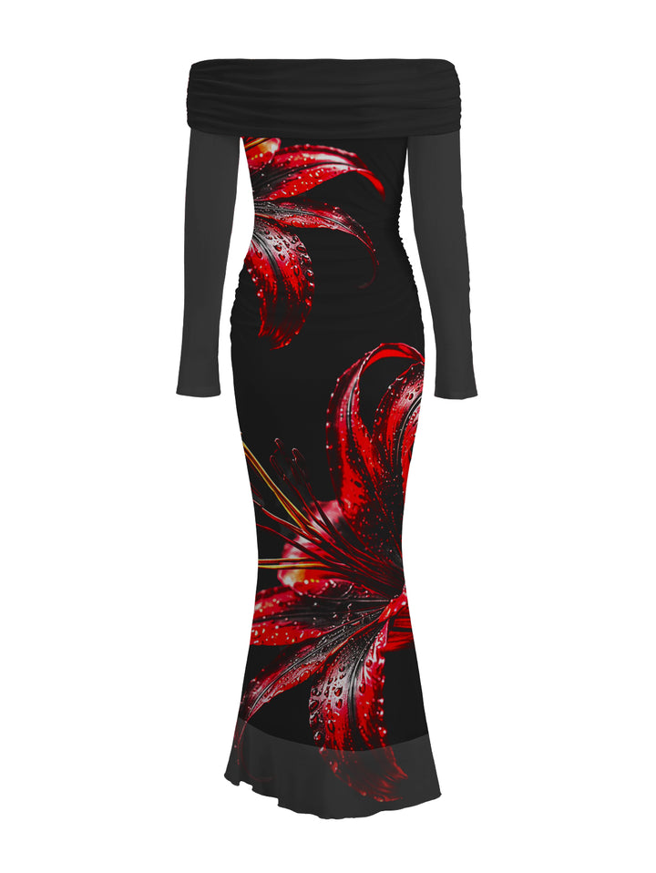 Red Lily Floral Print Foldover Off the Shoulder Ruched Long Sleeve Bodycon Vintage Party Dress