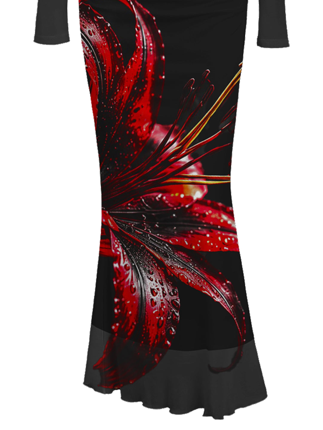 Red Lily Floral Print Foldover Off the Shoulder Ruched Long Sleeve Bodycon Vintage Party Dress