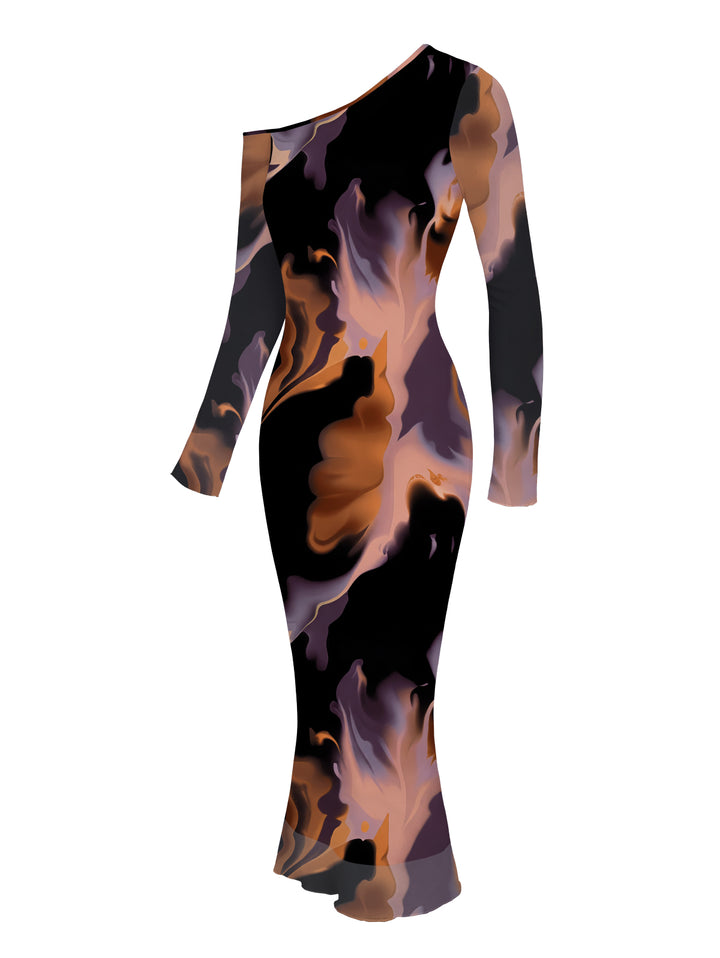 Abstract Fluid Marble Tie Dye Print Mesh Panel Skew Neck Long Sleeve Bodycon Vacation Dress