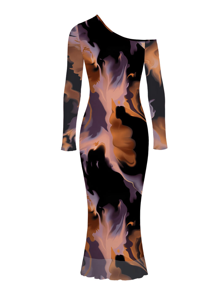 Abstract Fluid Marble Tie Dye Print Mesh Panel Skew Neck Long Sleeve Bodycon Vacation Dress