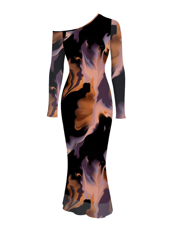 Abstract Fluid Marble Tie Dye Print Mesh Panel Skew Neck Long Sleeve Bodycon Vacation Dress