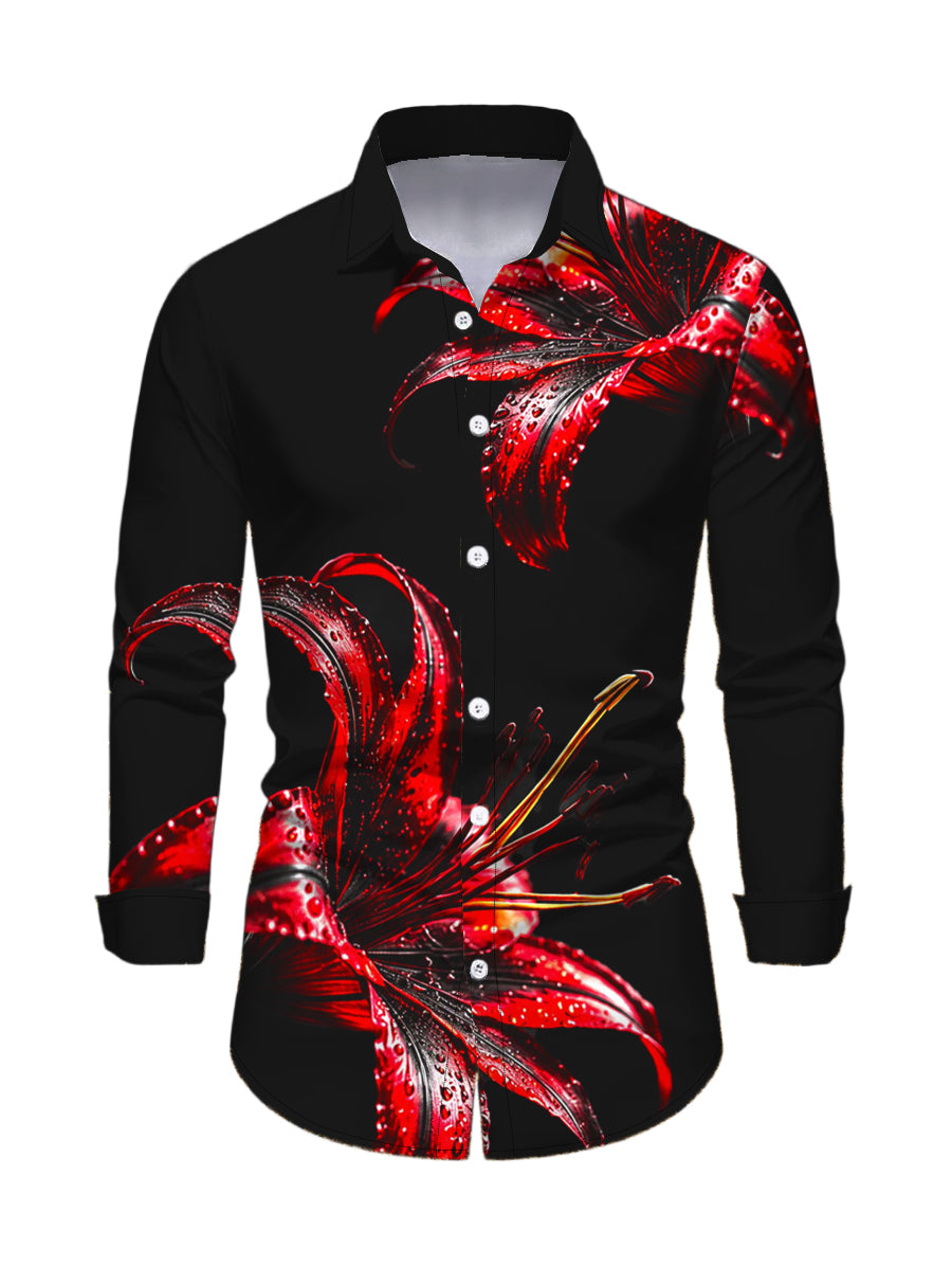 Men's Red Lily Floral Print Button Up Long Sleeve Vintage Shirt