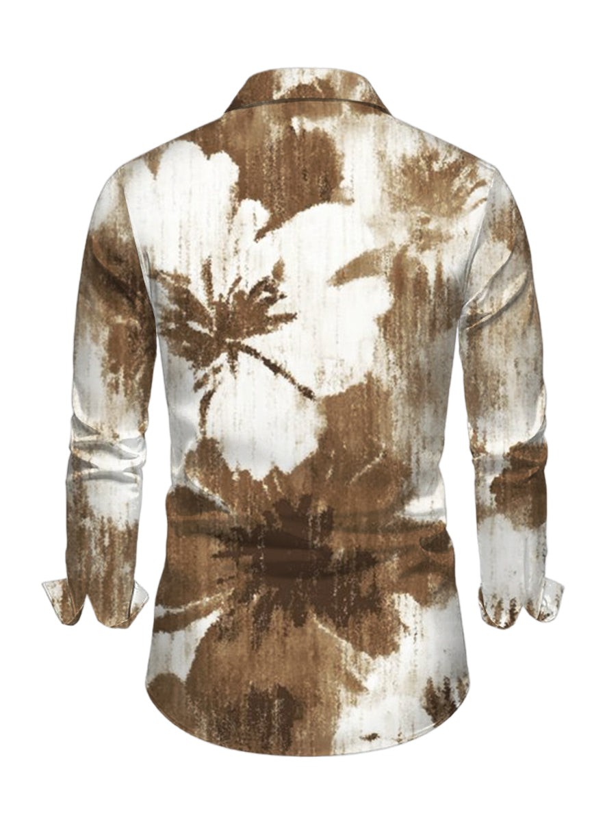 Men's Tropical Palm Leaf Print Button Up Long Sleeve Vintage Vacation Shirt
