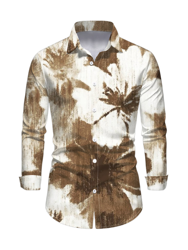 Men's Tropical Palm Leaf Print Button Up Long Sleeve Vintage Vacation Shirt