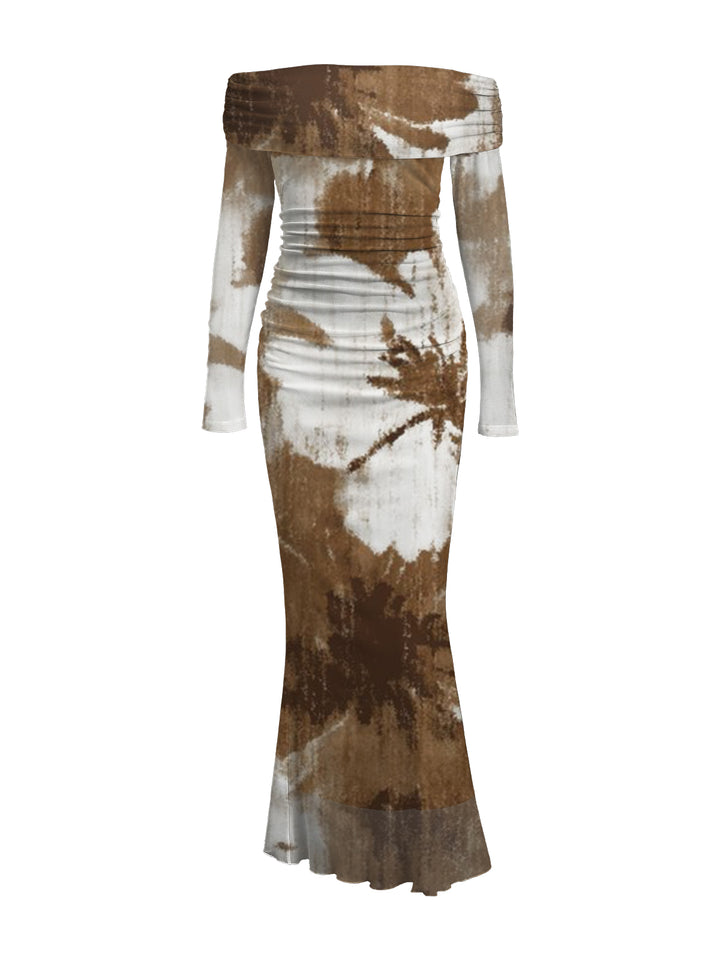 Tropical Palm Leaf Print Ruched Foldover Off the Shoulder Long Sleeve Bodycon Vintage Vacation Dress