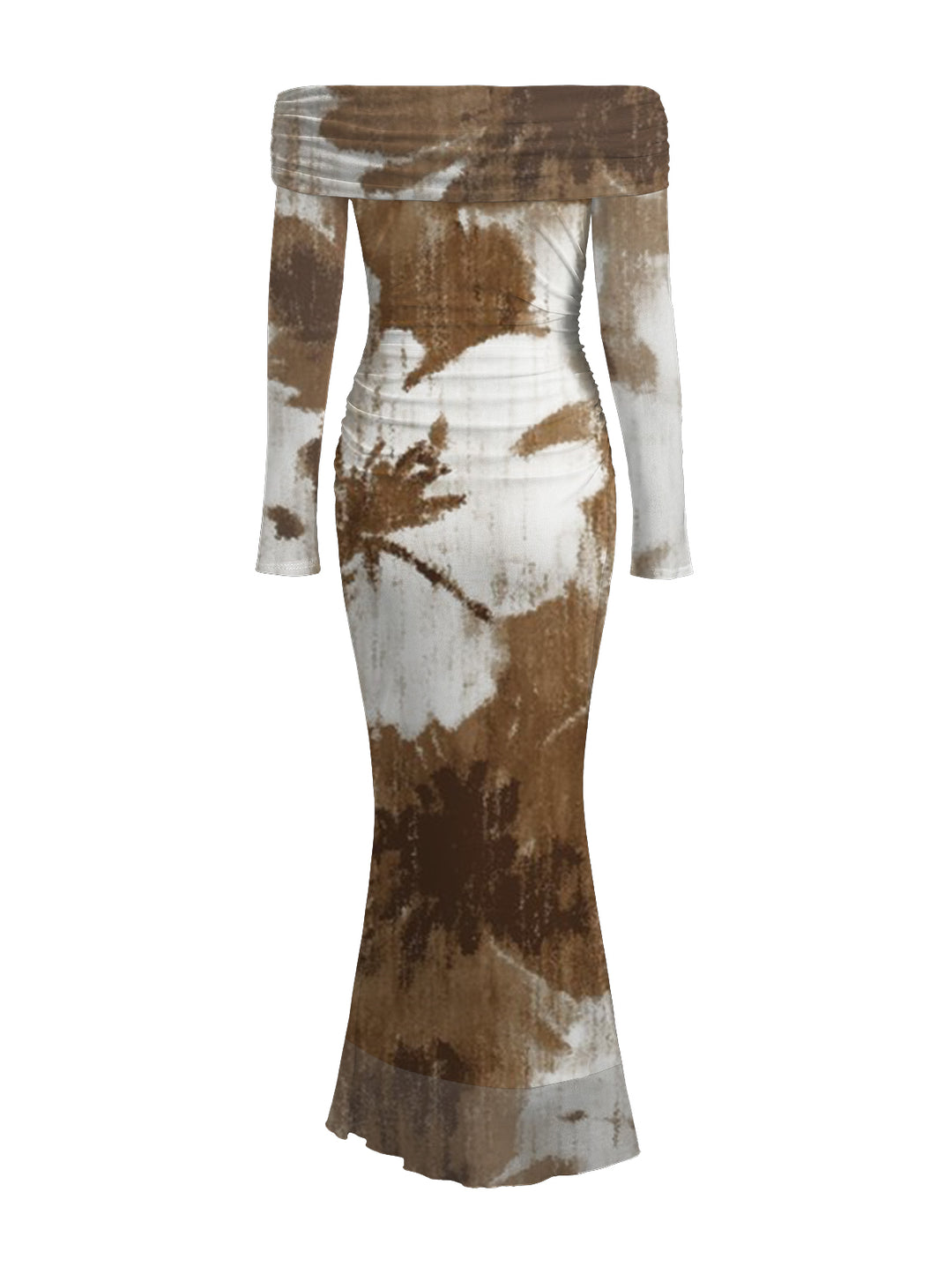 Tropical Palm Leaf Print Ruched Foldover Off the Shoulder Long Sleeve Bodycon Vintage Vacation Dress