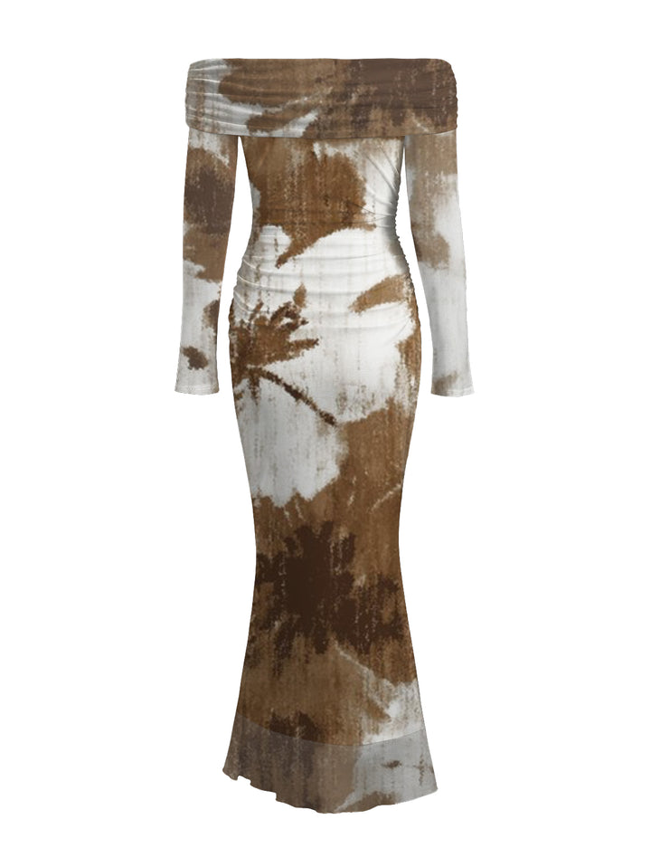 Tropical Palm Leaf Print Ruched Foldover Off the Shoulder Long Sleeve Bodycon Vintage Vacation Dress