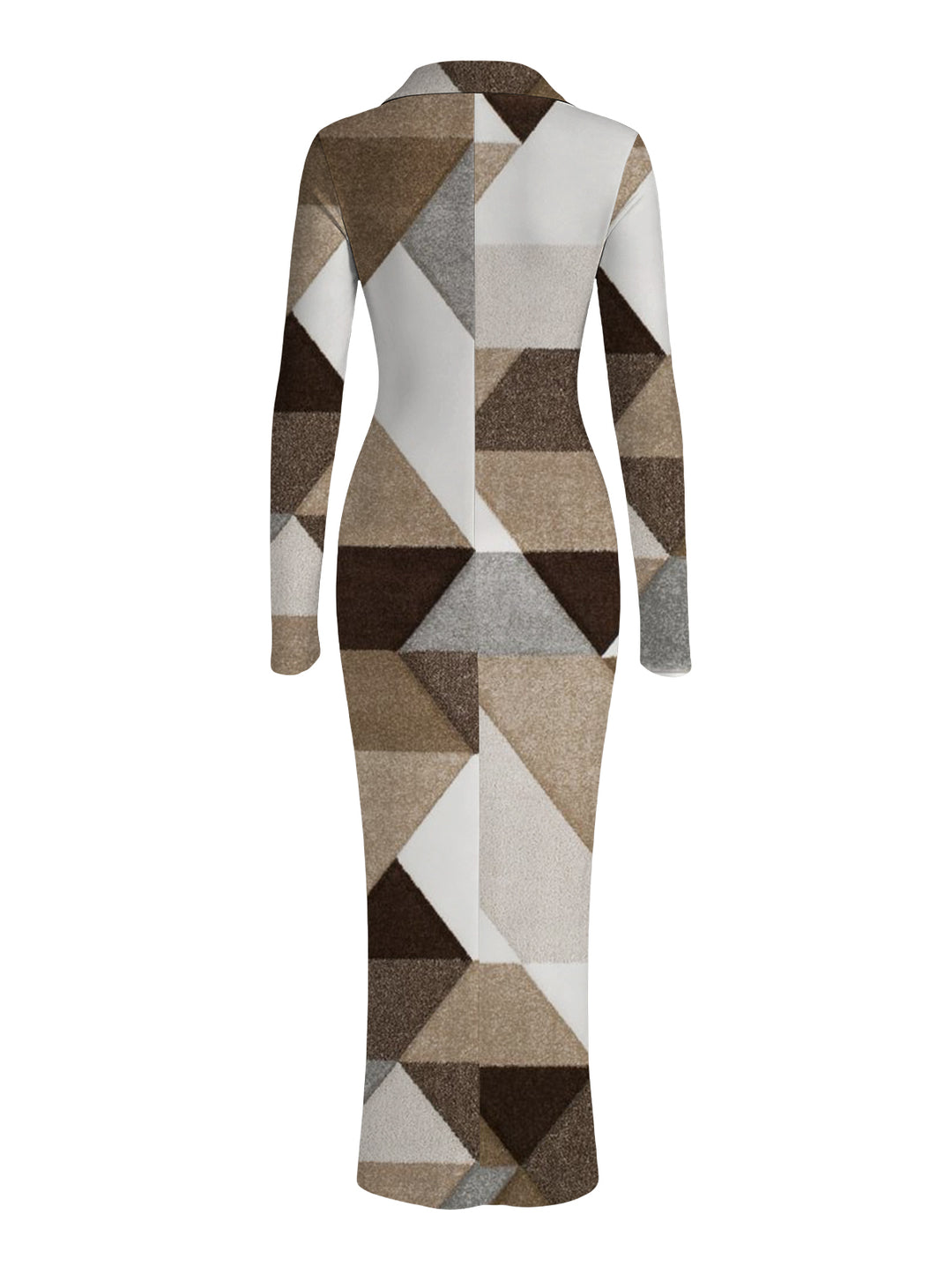 Colorblock Geometric Triangle Print Ruched Button Up Long Sleeve Bodycon Slit Shirt Dress