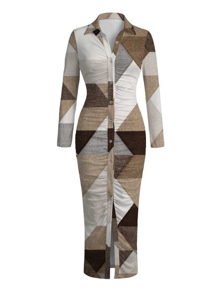 Colorblock Geometric Triangle Print Ruched Button Up Long Sleeve Bodycon Slit Shirt Dress