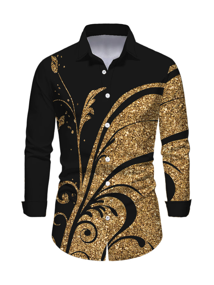 Men's Golden Scroll Vine Print Button Up Long Sleeve Vintage Shirt