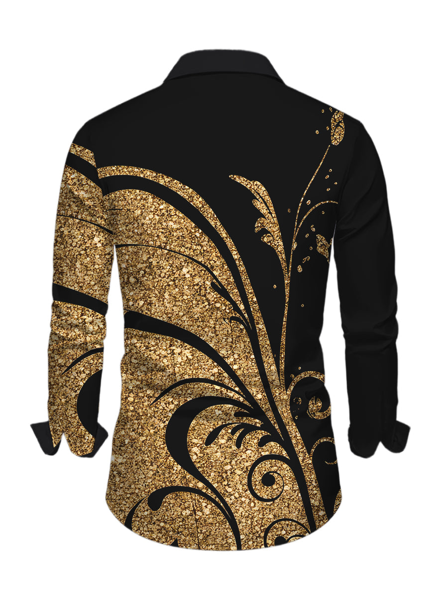 Men's Golden Scroll Vine Print Button Up Long Sleeve Vintage Shirt
