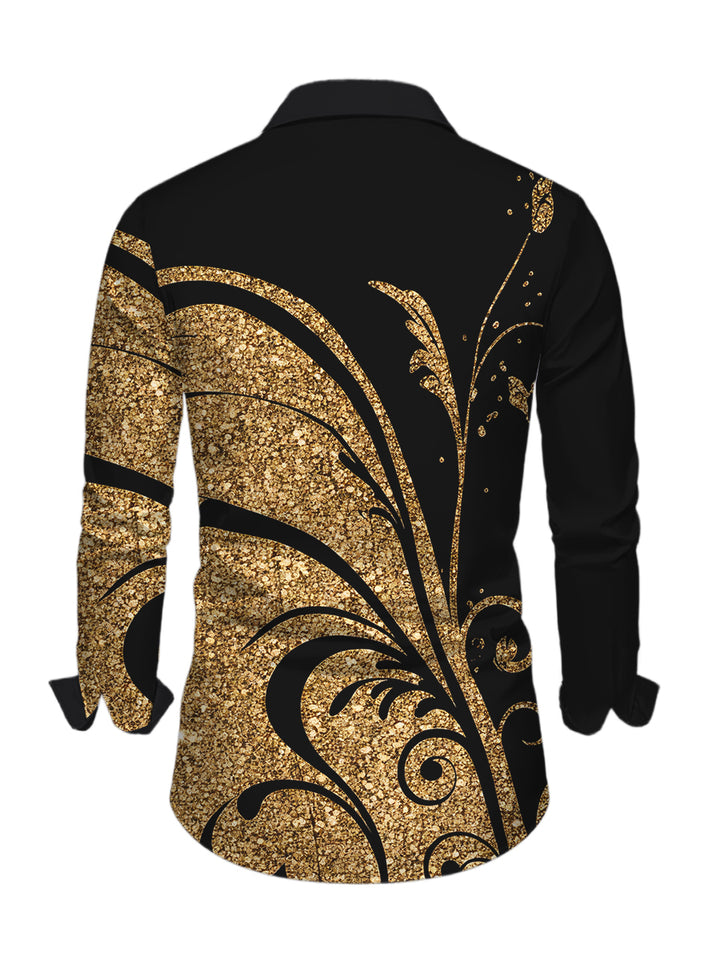 Men's Golden Scroll Vine Print Button Up Long Sleeve Vintage Shirt