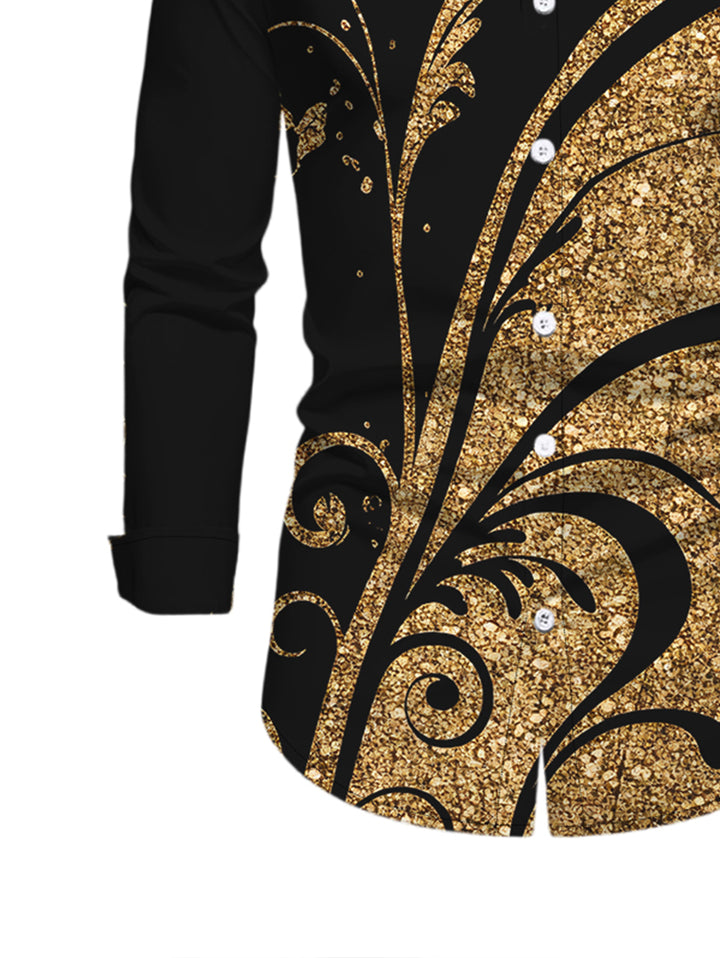 Men's Golden Scroll Vine Print Button Up Long Sleeve Vintage Shirt